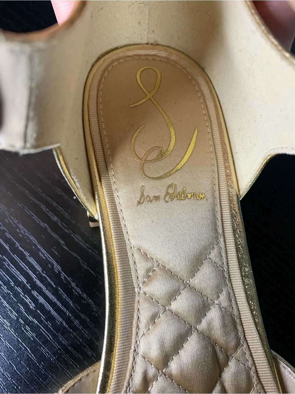 Sam Edelman Gold and Black Cap Toe Ankle-Strap Flats